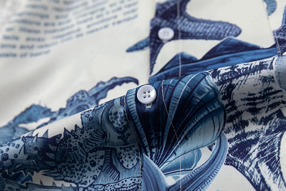 Sea World Letter Printed Shirts Japanese Harajuku Oversized Shirts Short Sleeve Button Up Blouse Men's Summer Hawaii Shirts Tops