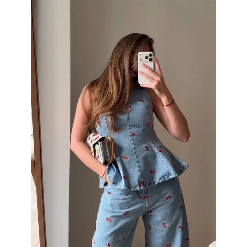 Denim Printed Pants 2 Piece Set Women Elegant Round Neck Sleeveless Vests Slim Long Pant Suits 2026 Lady Daily Street Outfit New
