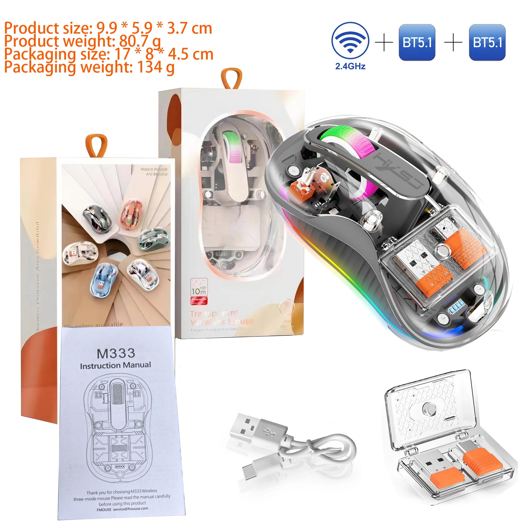 New HXSJ M333 Transparent Mouse Wireless Three-mode Magnetic Suction Mute Rechargeable Mouse For Tablet PC Notebook