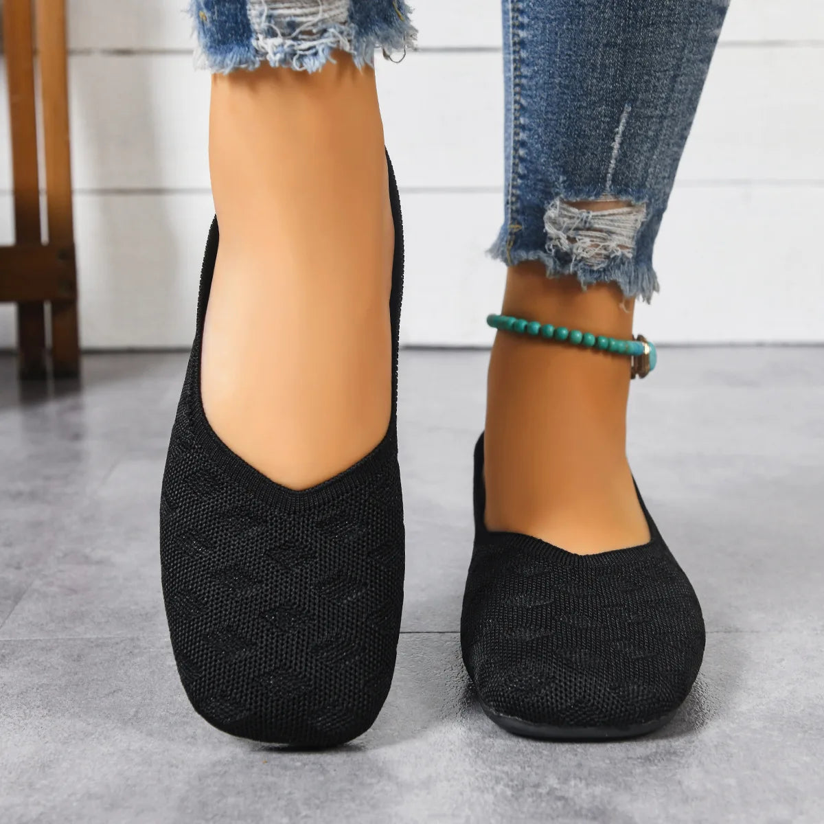 New 2026 Spring/autumn Square Toe Flat Office Boat Solid Color Knitted Slip on Shoes Casual Ballet Flats Shoes Women Loafers