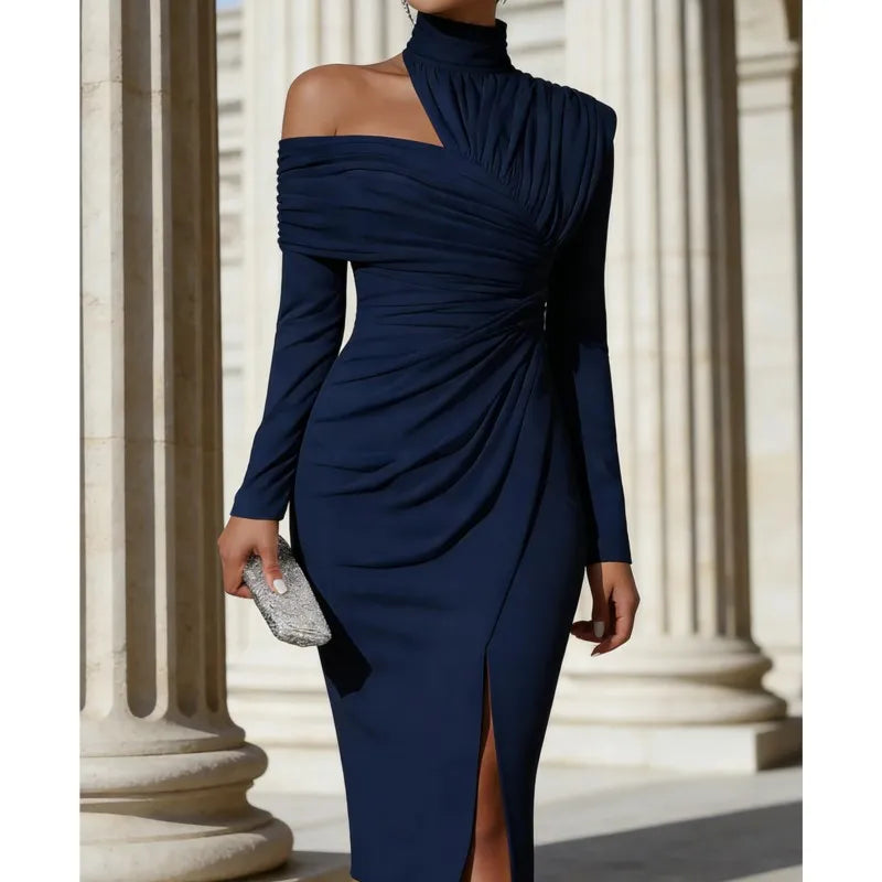Women's Elegant Off Shoulder High Neck Midi Dress Long Sleeve Ruched Bodycon Package Hip Dress With Slit Formal Party Dress New