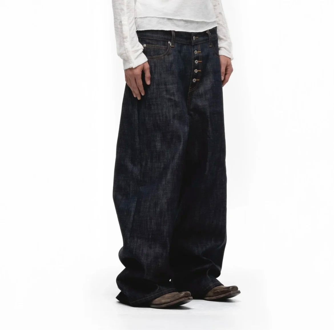 Japanese Raw Denim Loose Fit Jeans Classic Unwashed Cotton Workwear Baggy Trousers for Men