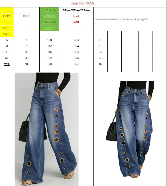Summer 2026 New American Women Denim Pants Hollow Eyelet Wide Leg Loose Y2K Korean Vintage Streetwear Full Length Jeans