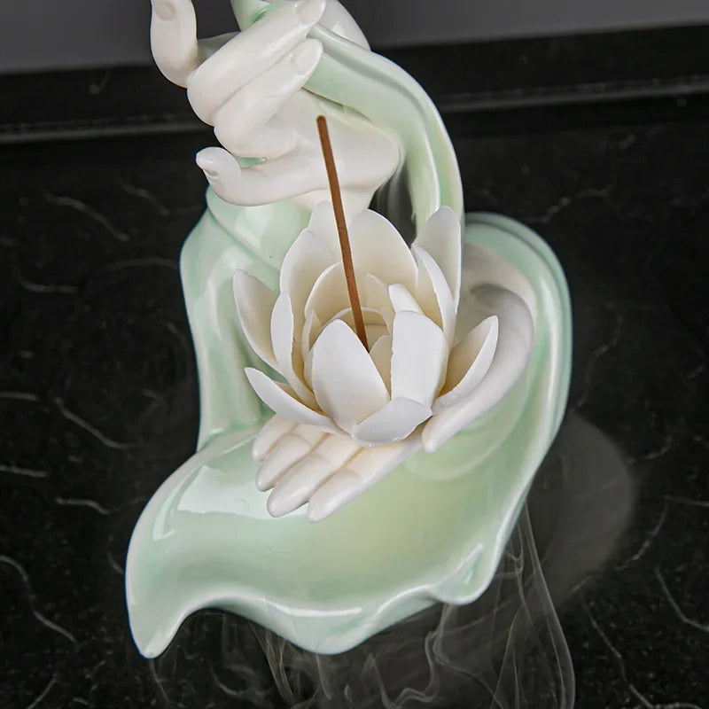 Newest Celadon Backflow Incense Fountain Antique Lotus Incense Burner for Incense Sticks Holder Gothic Decor Zen Bergamot Stove