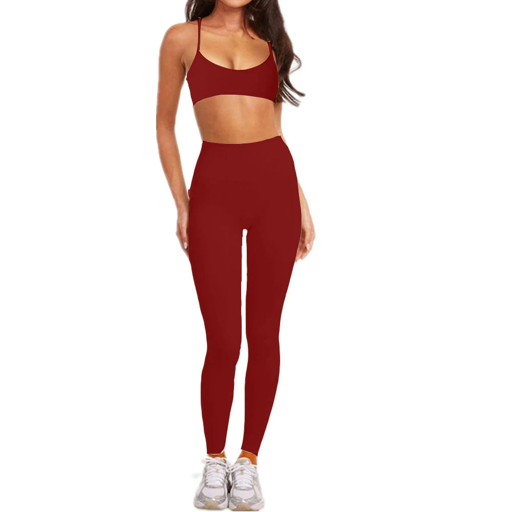 2PCS Yoga Set Outfit For Women Strappy Back Sports Bra Nude Athletic Leggings Fitness Gym Exercise Running Wear XP108