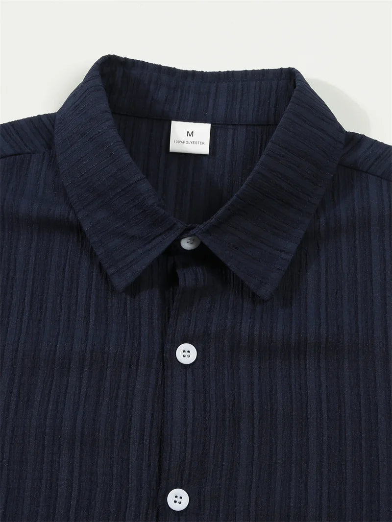 spring Summer Men Sets short-sleeve cardigan lapel shirt+trousers suit men's fashion 2 pieces tracksuit striped leisure suit