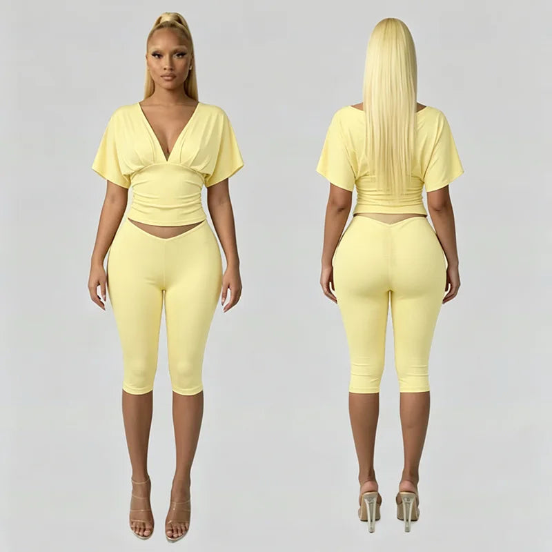 STYLISH LADY Y2K Solid Color Two Piece Set Batwing Sleeve Ruched Top Capri Pants 2026 Women Bodycon Vacation Party Outfits