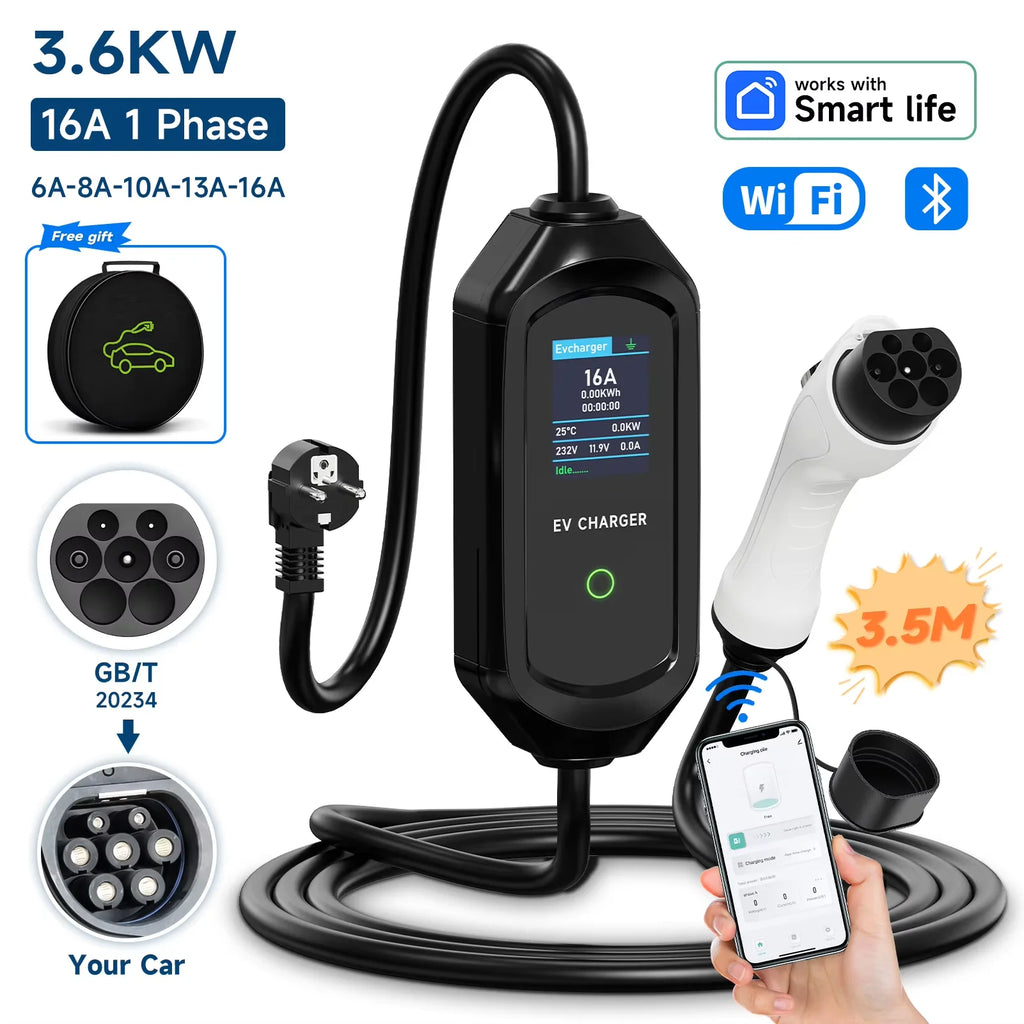 AFYEEV 3600W Portable Type1 SAE J1772 EV Charger GBT Electric Car Charger EVSE Charging Cable EU Plug WiFi Bluetooth APP Control