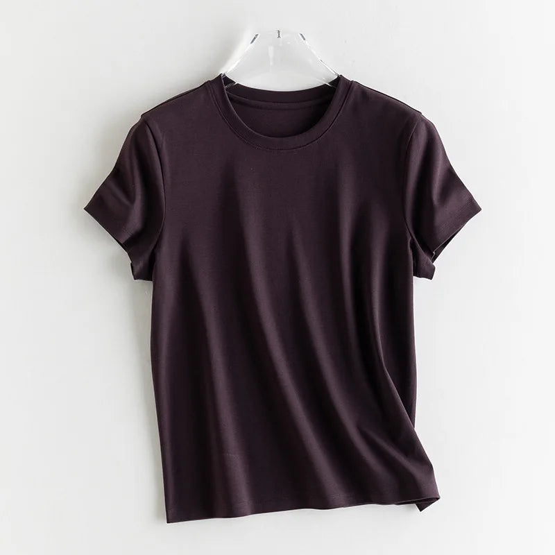 Birdtree 7%  Silk 62% Cotton Solid Female Tshirt,Woman O-neck Short Sleeve Fit Shirt,2025 Spring Summer New T57615JF