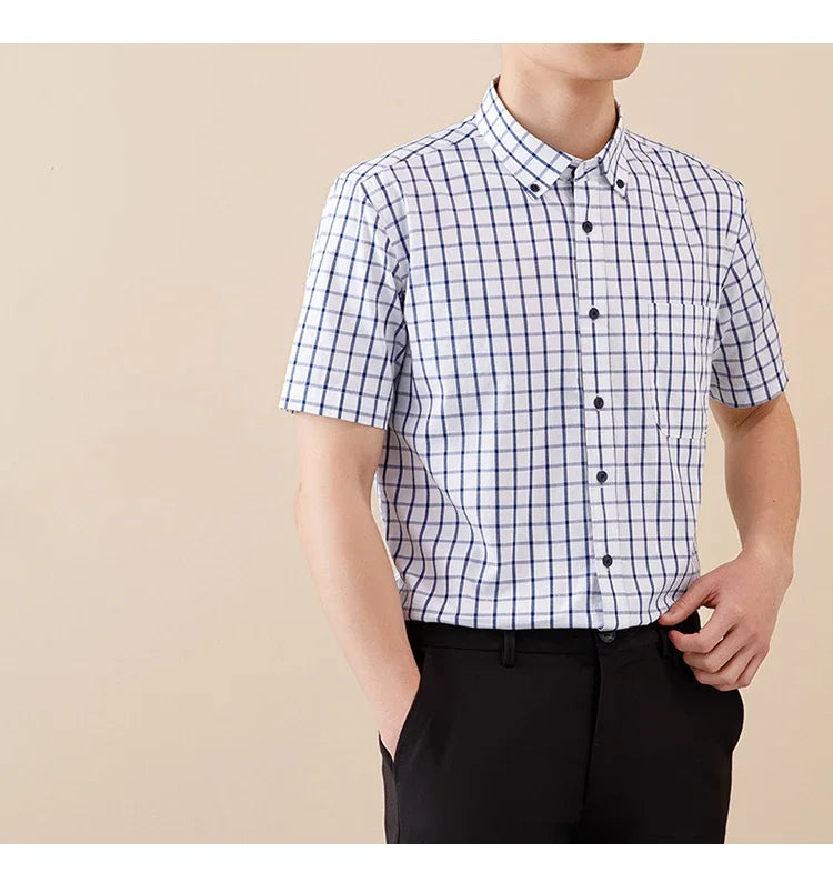 New In Shirt Summer 100%Cotton Short Sleeve Shirts for Men Slim Fit Formal Plain Shirt Designer Plaid Korean Popular Clothes