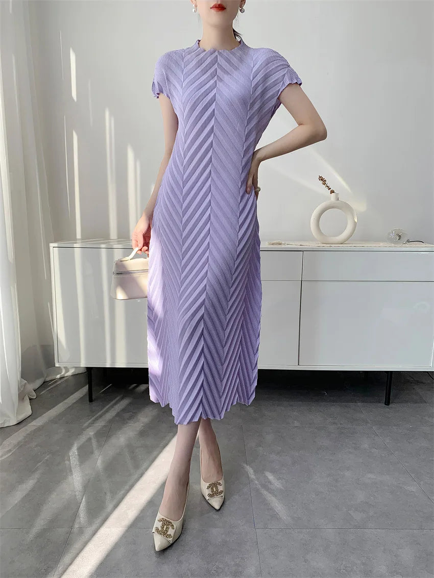 Miyake Handmade Pleated Dress Women's 2026 Spring New Solid Color Half-high Collar Sleeves Pullover Elegant Pleated Skirt