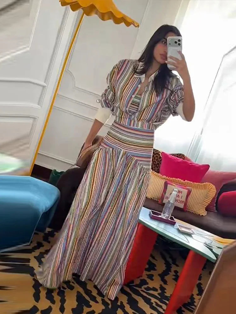 Multicolor Striped Shirt 2 Picec Set Button Front Blouse High Waist Flared Hem Maxi Skirt 2026 Summer Elegant Lady Vacation Suit