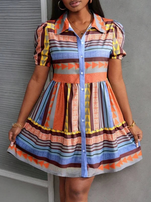 Fashionable Print Ethnic Style Women's Dress Stand Collar 3/4 Sleeve Loose Fit Midi Dress Polyester Cotton Blend Sleeve