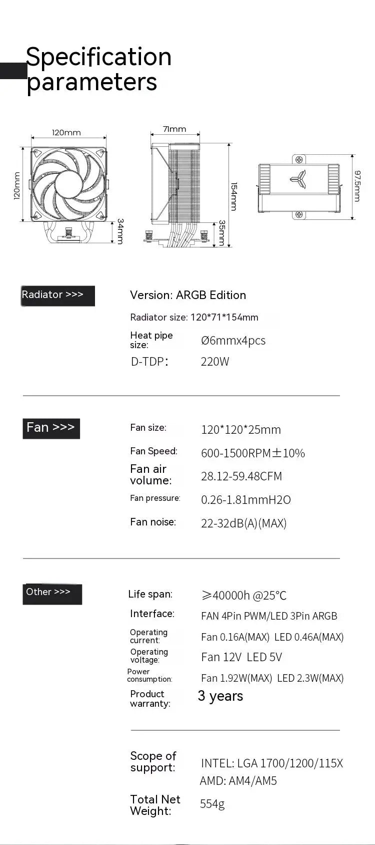 JONSBO CR-1000 EVO 4 Heat pipes TDP 220W CPU Cooler Computer Cooling Fan Heat Sink For LGA1700 115X 1200 AM5 Air Cooler Radiator