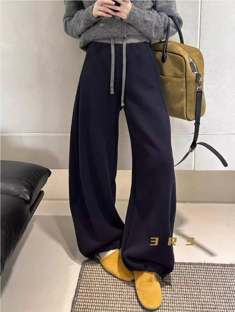 Women Drawstring Baggy Sweatpants High Waist Loose Wide Leg Curved Trousers Casual Soft Streetwear Jogger Pants for Daily Wear