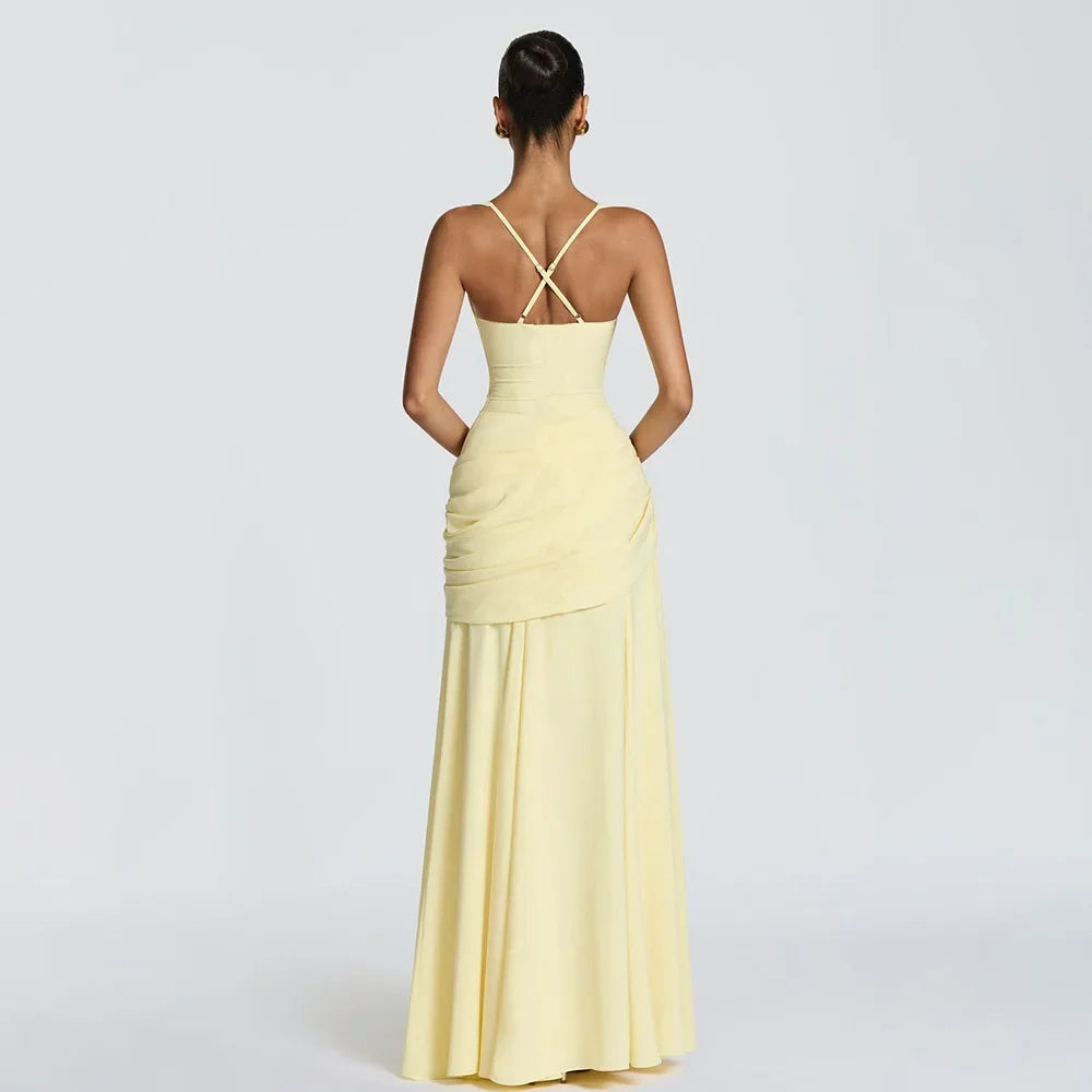 Elegant Solid Pleated Sling Dress Women Sexy Square Neck Sleeveless High Waist Slim Maxi Dresses 2026 Lady Party Evening Robe