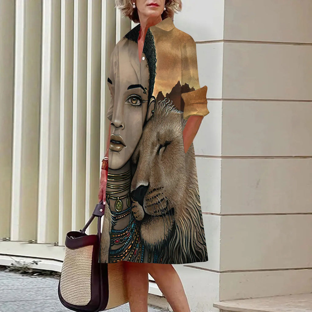MCDV New Simple Women's Shirt Casual Queen Printed Long Sleeve Fashion Elegant Lapel Pocket Street Women's Dresses Noble Black