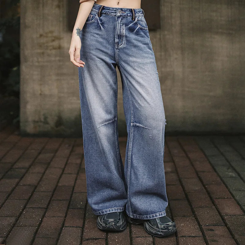 Maden Women's Vintage Low Waist Denim Jeans Heavyweight Washed Casual Long Pants with YKK Zipper for Spring and Autumn