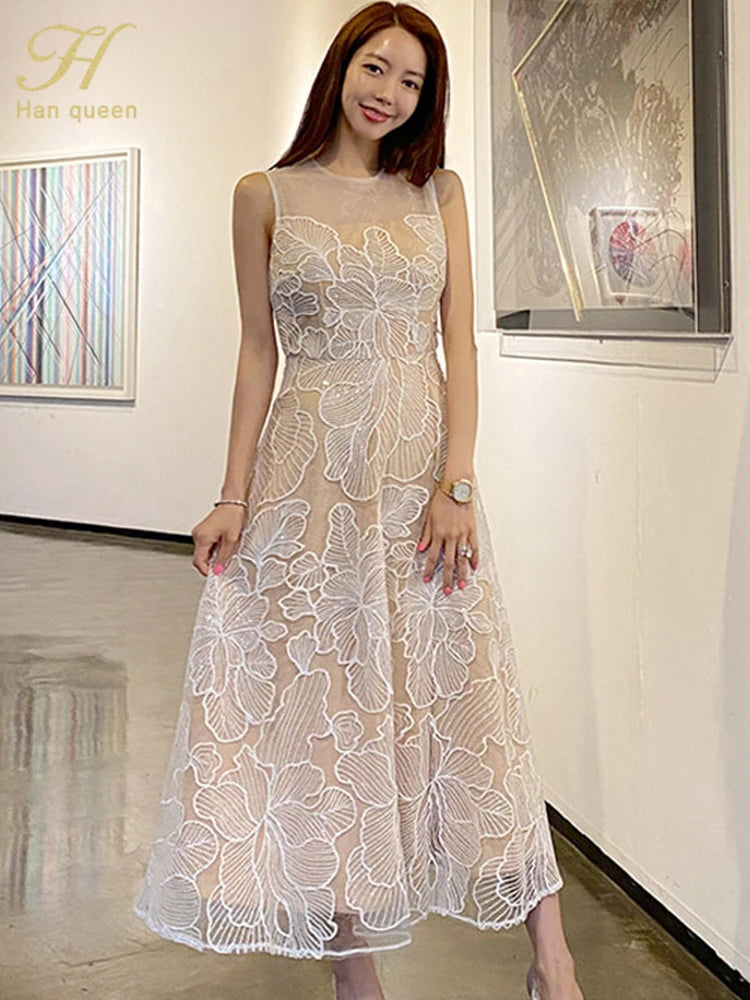 Fashion Slim O-Neck Long Party Casual Dress Hot Sale Summer Dresses Korean Retro Sleeveless Mesh Embroidery Vestidos