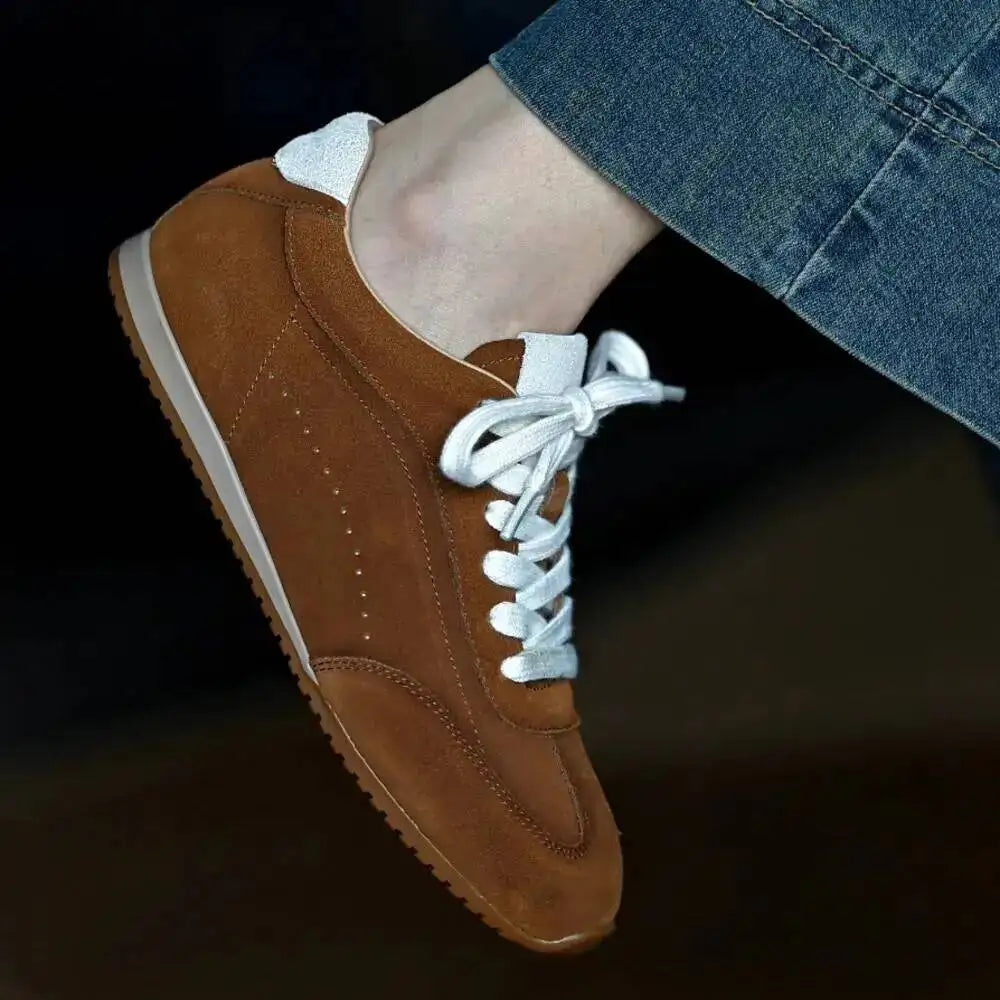 Genuine Leather Brown Suede Flat Loafers Shoes Woman Lace Up Leisure Wome Shoes Autumn Casual Comfort Vacation Lovers Shoes