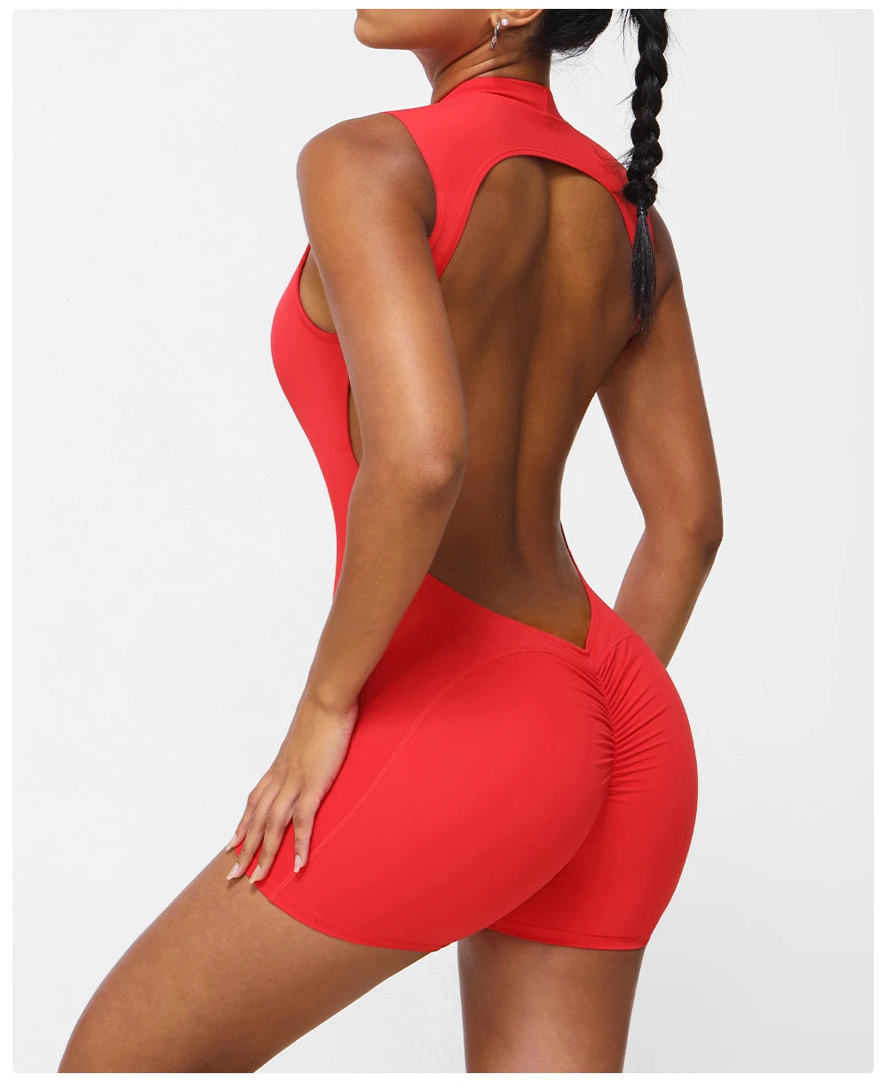 Women Fitness Backless Jumpsuit Sleeveless Gym Running Training Shorts Set Lift Buttocks Padded Jumpsuit