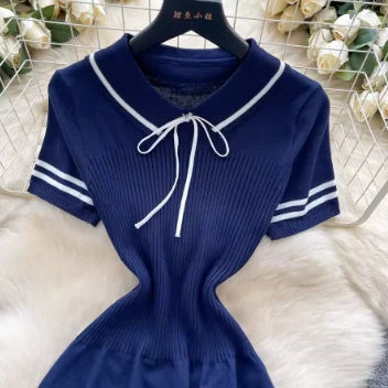 New Summer Women Sailor Collar Short Sleeve Knitted Dress Sundress Bow Lace Up Elatic Bodycon Pencil Vestidos Short Dress