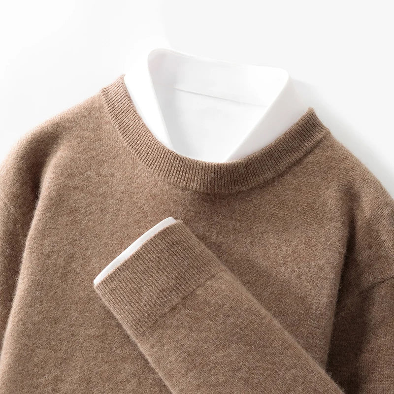 100% wool men's round neck solid color loose knit cashmere pullover for business and leisure, keeping warm in autumn and winter