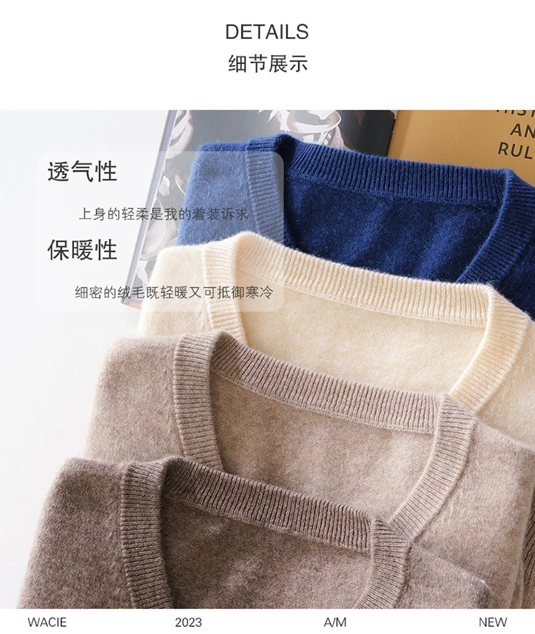100% Merino Wool Men's V-Neck Pullover Autumn and Winter Basic Knit Versatile Sweater Casual Long Sleeve Shirt Cashmere Man Top