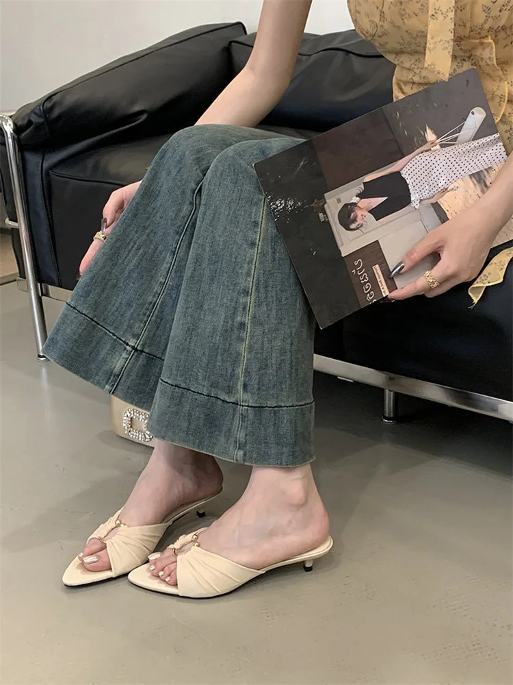 Eilyken New Design Pleated Hollow Out Thin Low Heels Women Slippers Fashion Pointed Toe Party Dress Female Summer Shoes