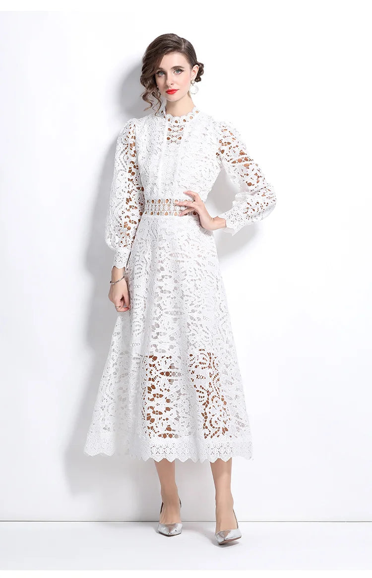 Solid Lace Holloe Out Slimming Elegant Dresses For Women Stand Collar Long Sleeve High Waist Minimalist Dress Female Fashion