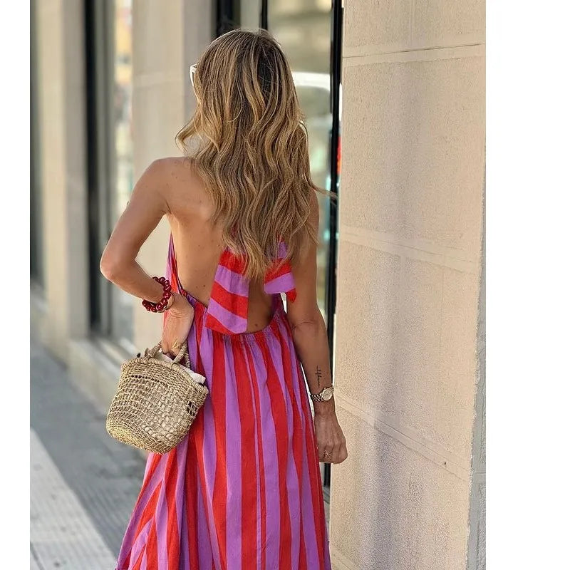 Summer New Sleeveless Neck Hanging Pink Dress Women's Long Dress With Backless Straps Loose Striped Printed A-line Skirt 2026