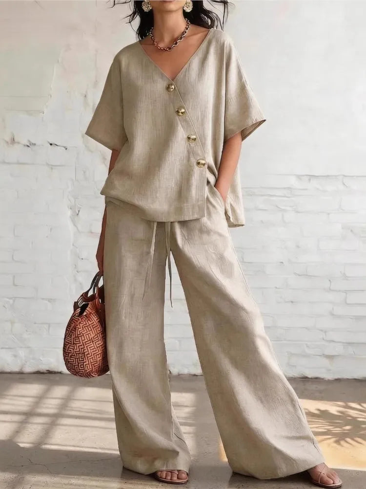Casual Cotton Loose Pants Sets Women Summer 2026 Fashion Short Sleeve V-neck Tops And Wide Leg Pant 2 Piece Set Woman Outfits