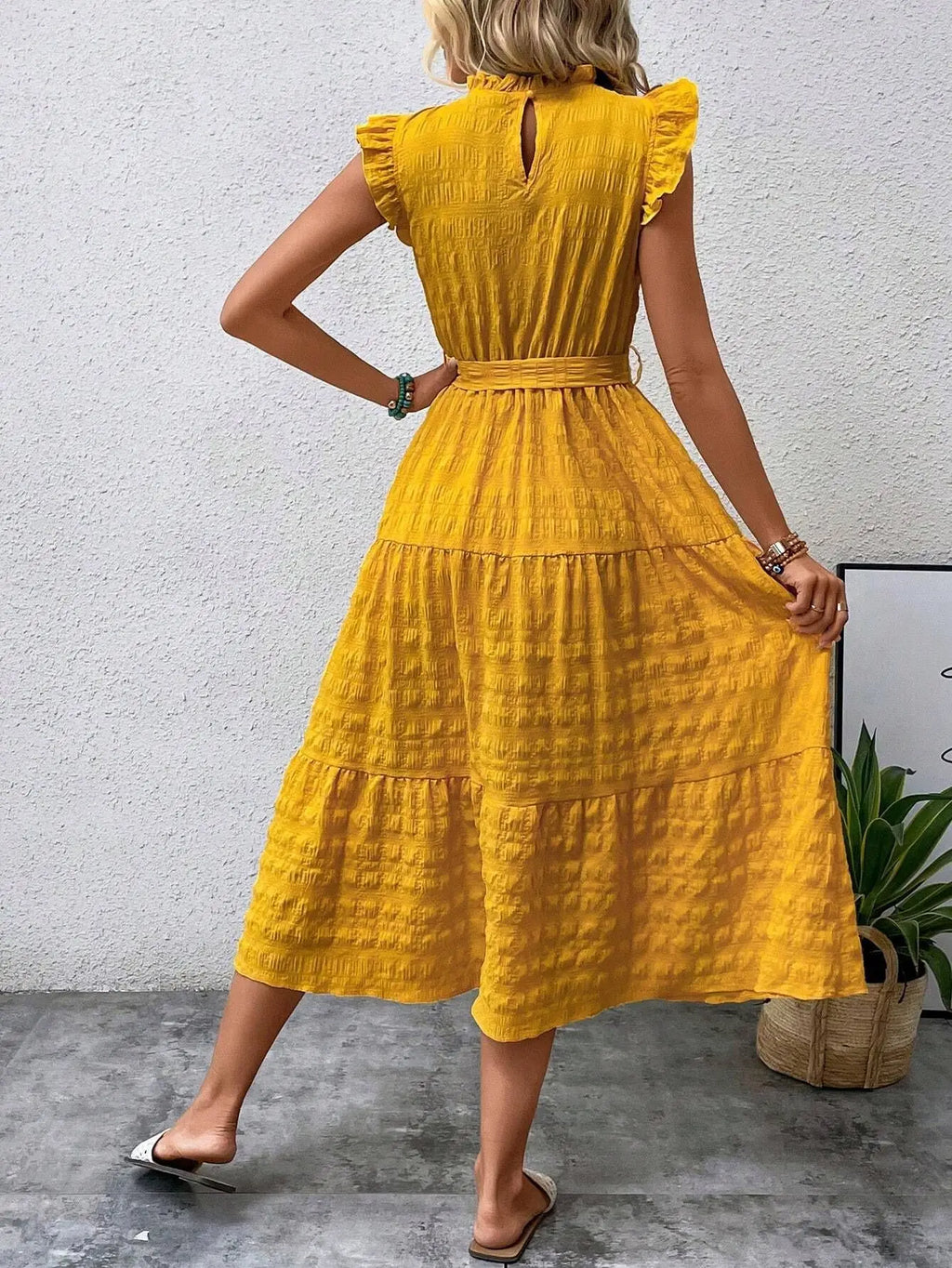 Elegant Women's Summer New Fashion Wooden Ear Edge Flying Sleeve Lace Up Texture Dress Purple  Sleeveless Lace Up Long Dresses