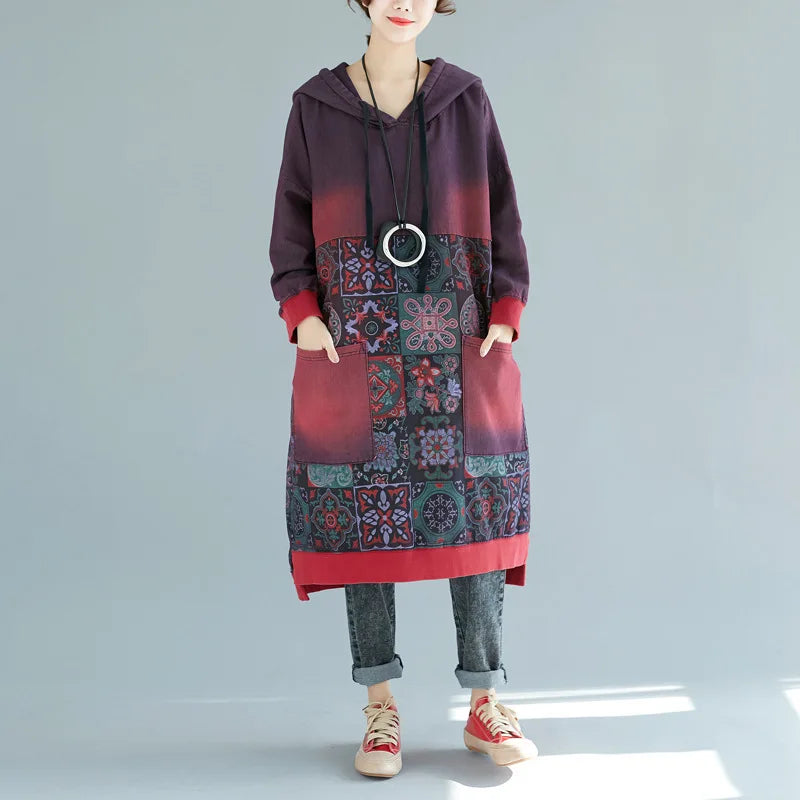 Mid Length Dress Women Hooded Dresses Casual Loose Vestidos Maxi Autumn Elegant Splice Hoodies Y2k Streetwear Print Summer 2025