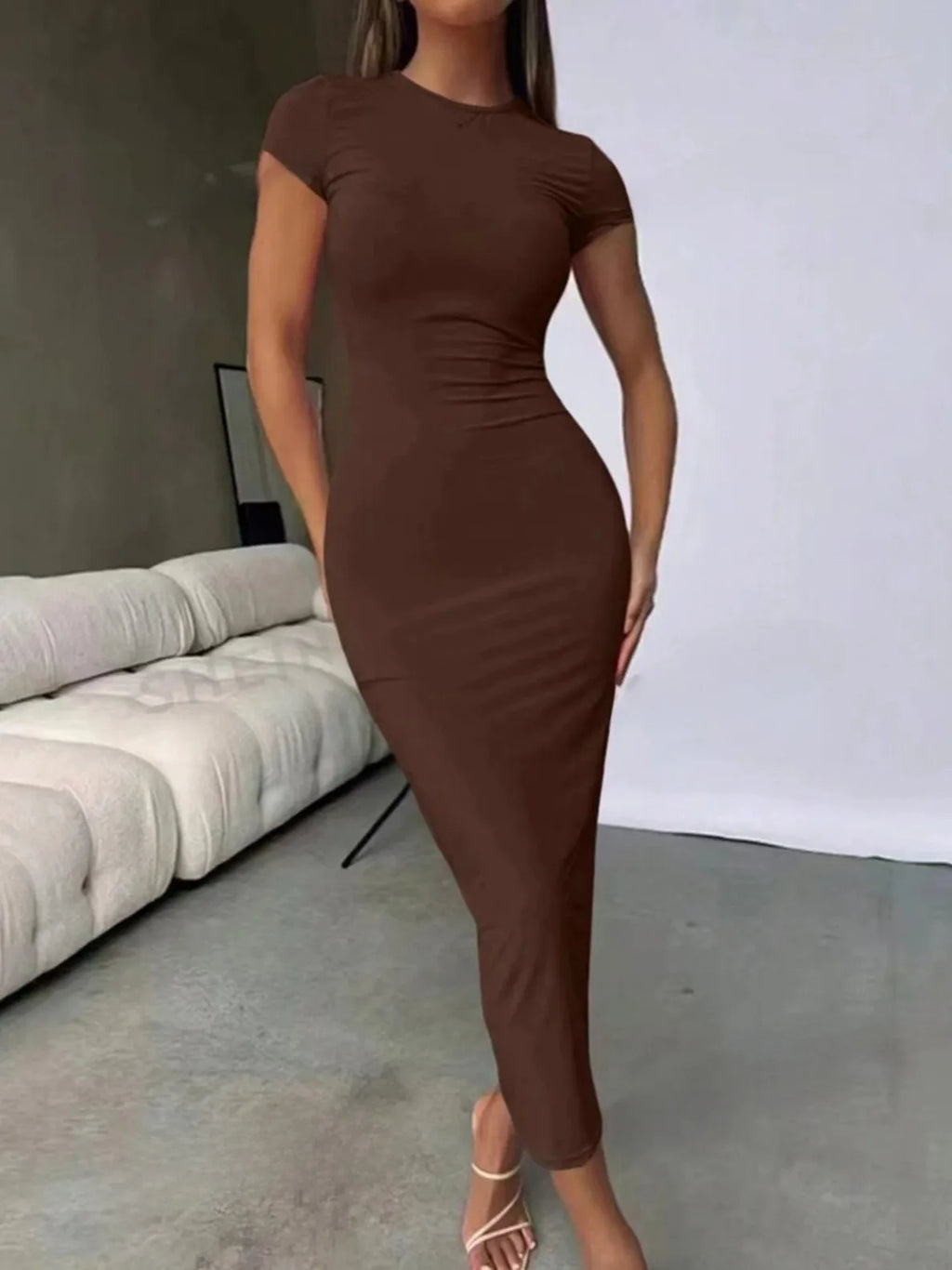 Sexy Skinny Women's Bodycon Party Dress Fashion O-neck Short Sleeve Solid Color Wraped Hip Package Long Dress Female Sexy Dress