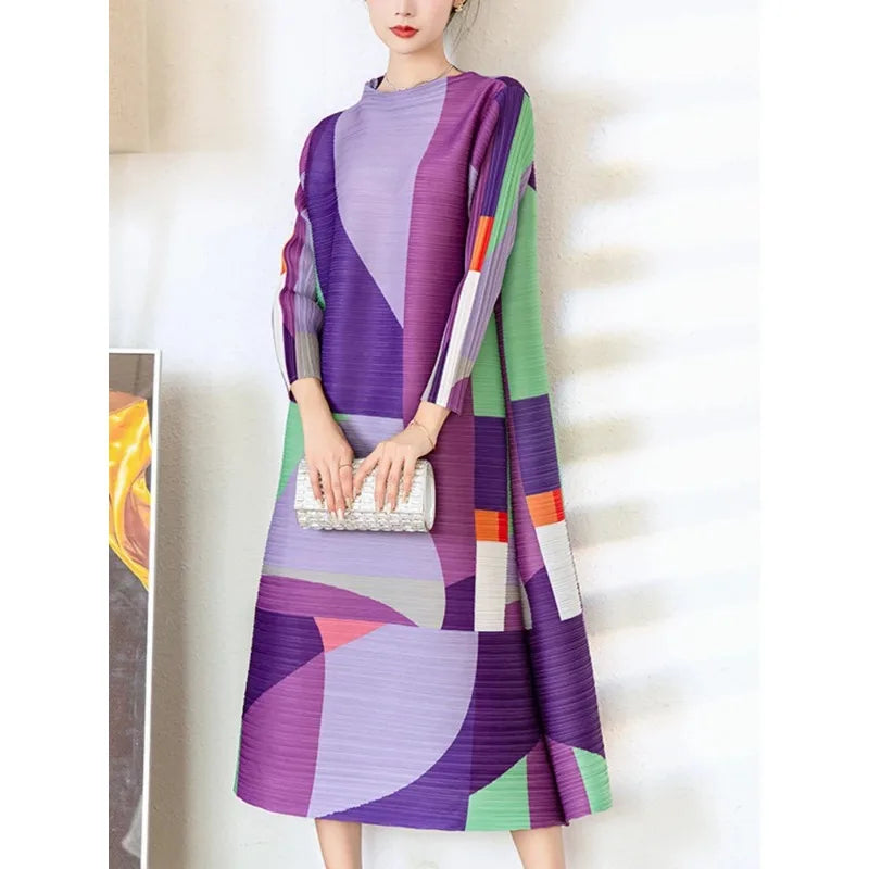 YUDX Miyake Pleated Print Dress For Women Medium Long Stand Collar Niche Design Loose Pullover A Line Female Spring New 2024