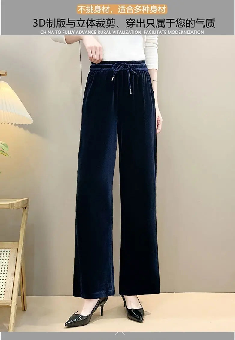 Women Drawstring High Waist Velvet Wide Leg Long Pants
