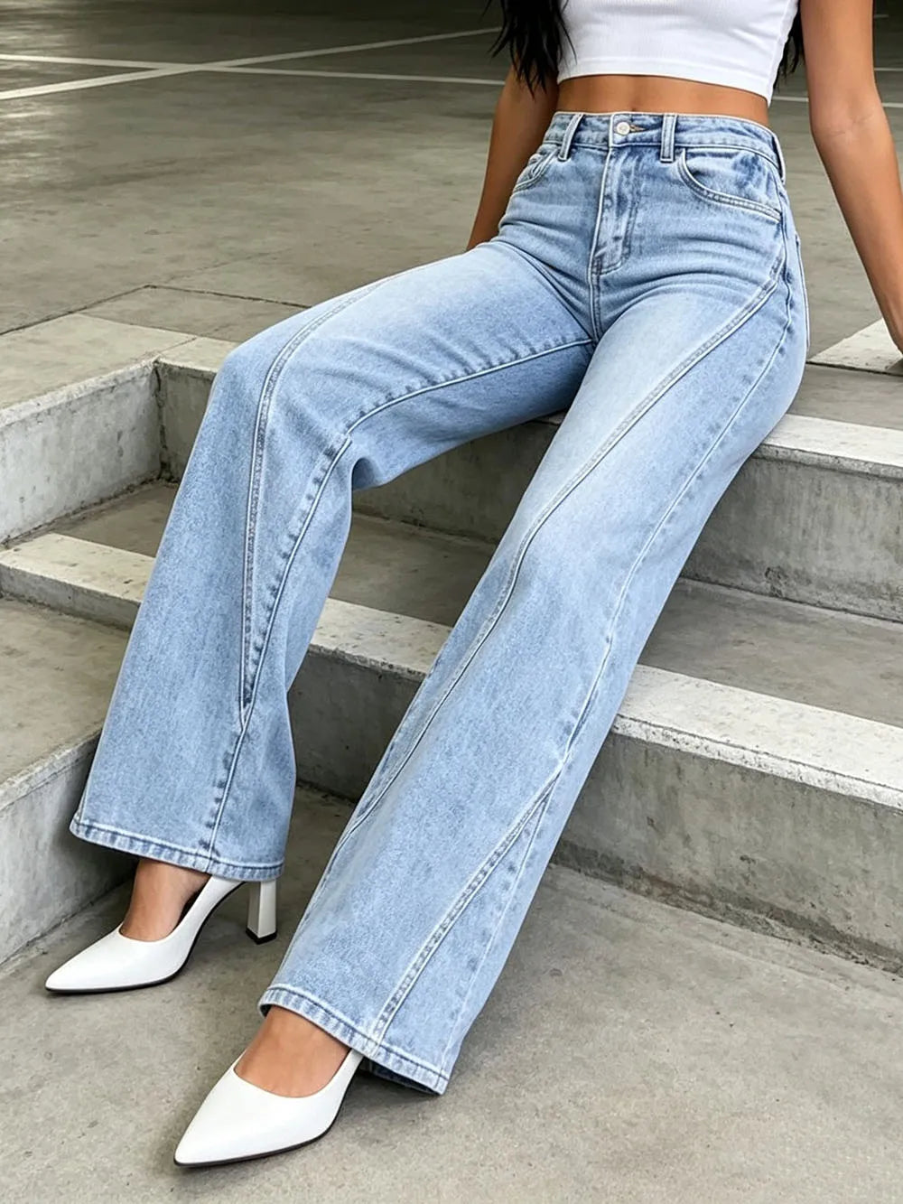 Light Blue Woman' Straight-leg Pants Casual Denim Pants Retro Spice Girls Trousers High Waist Spring Autumn Solid Color Jeans