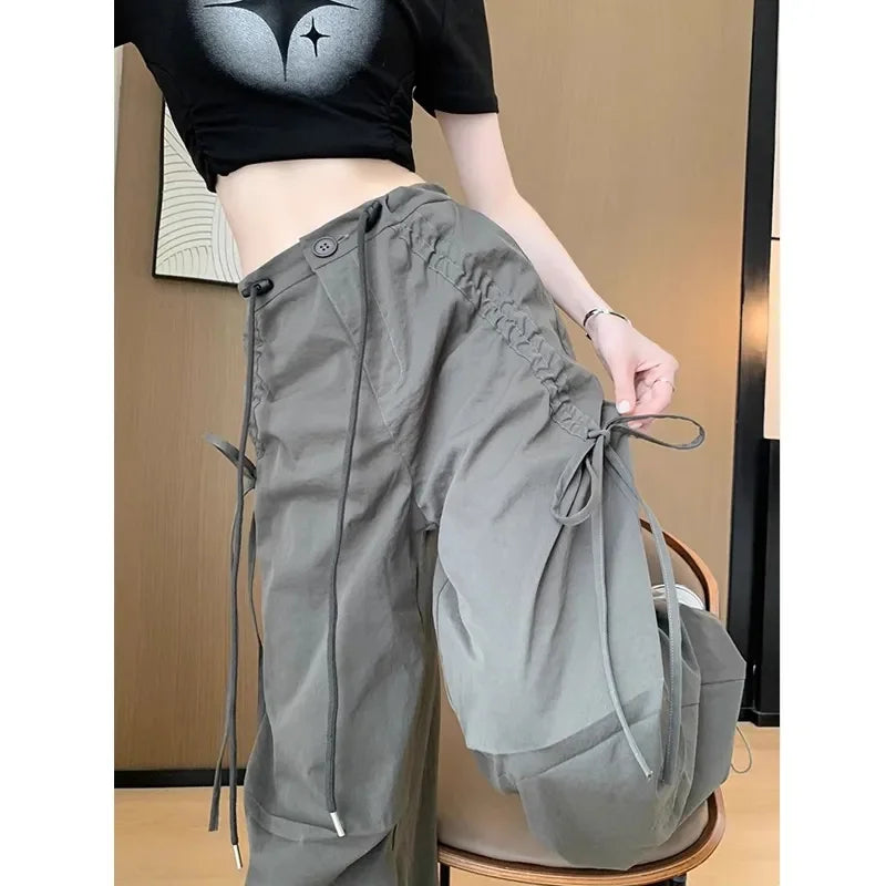2026 Spring Summer New Women Pants Drawstring High Waisted Female Wide Leg Trousers Casual Vintage Korean Ladies Slim Work Pants