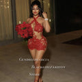 Red Mini Reins Prom Dresses Rein Neck Beaded Lace Tulle Customized Evening Gowns Designed for Black Girls