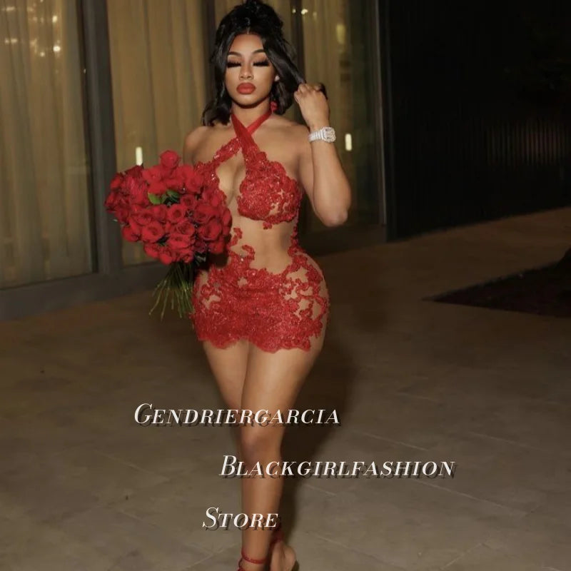 Red Mini Reins Prom Dresses Rein Neck Beaded Lace Tulle Customized Evening Gowns Designed for Black Girls
