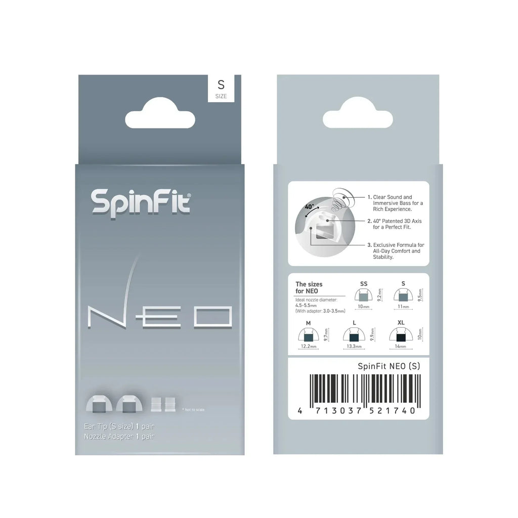 SpinFit NEO for IEM Silicone Patented Eartips Secure Fit Comfort Reduce Allergic Reaction with Adapters for Slim Nozzles 1 pair