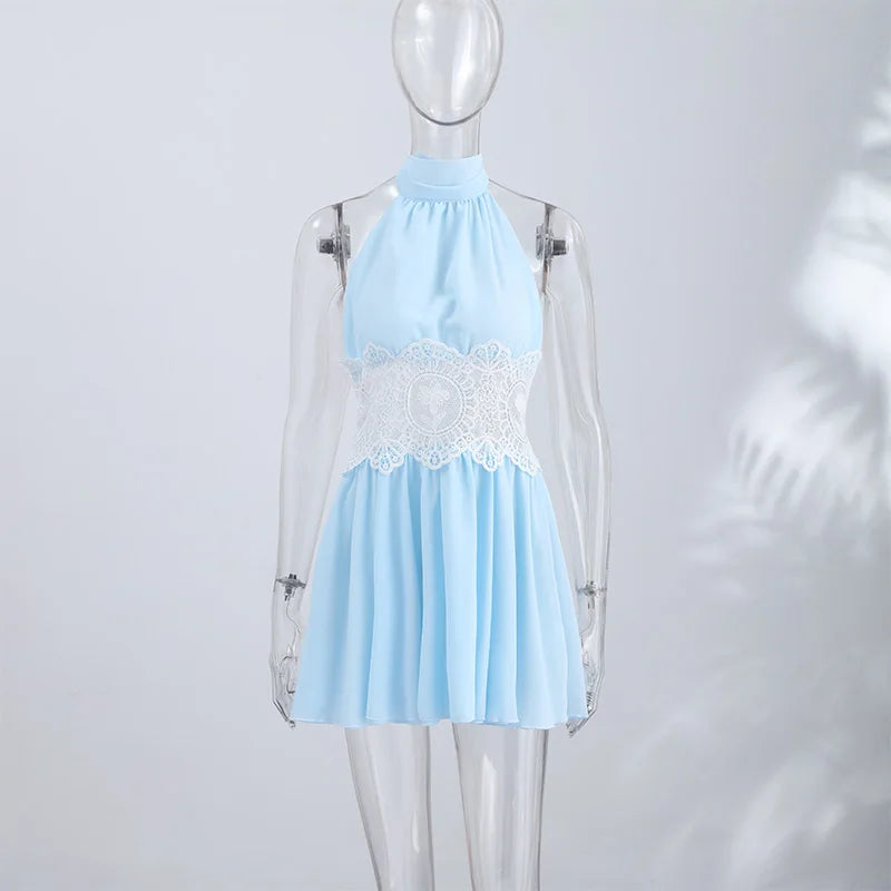 Sexy Hollow Out Solid Women Min Dress Beach Pleated Lace Up Backless Sleeveless Female Dresses 2026 Summer Lady Robe New