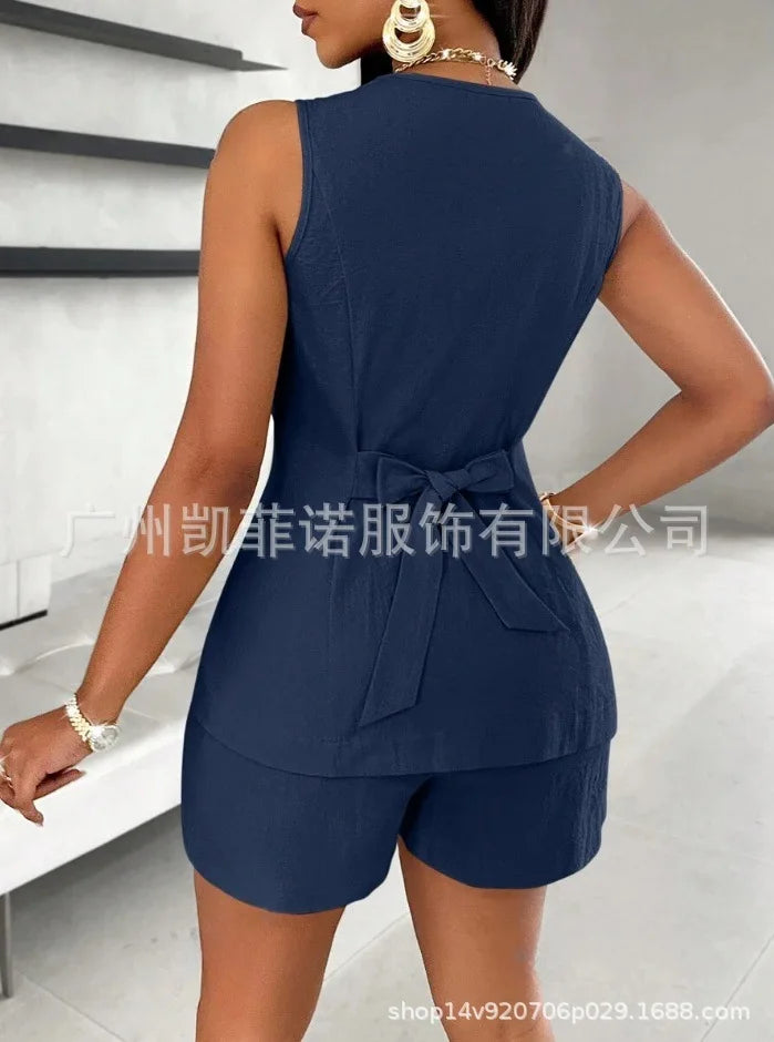 Women Fashion Casual Shorts Set Summer Vest Top Button Solid 2 Pieces Set Lace-up Pant Suits Womens Clothing Office Holiday 2025