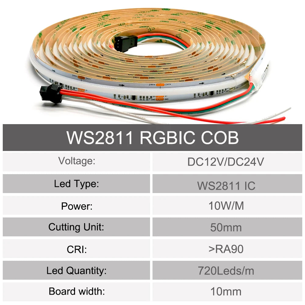 DC12V/24V WS2811 COB LED Strip Dream Colors Addressable Smart RGBIC 720Leds/m High Density Flexible 10mm FOB Pixel Light