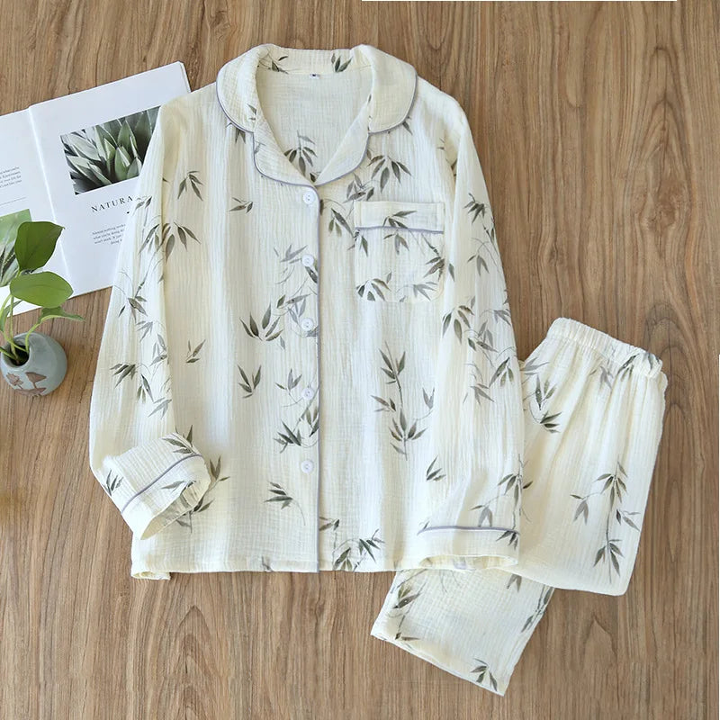 2026 Spring and Autumn Women's Pajama Set 100% Cotton Crepe Long sleeved Pants Two piece Cute and Sweet Home Fury Set Ladies
