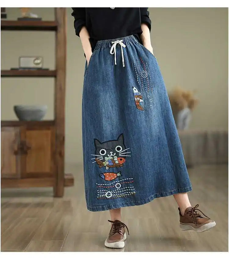 2026 Women's Denim Skirts Retro Cartoon Animal Embroidery Casual Half Skirts Spring Summer High Waist Fashion Loose Midi Skirts