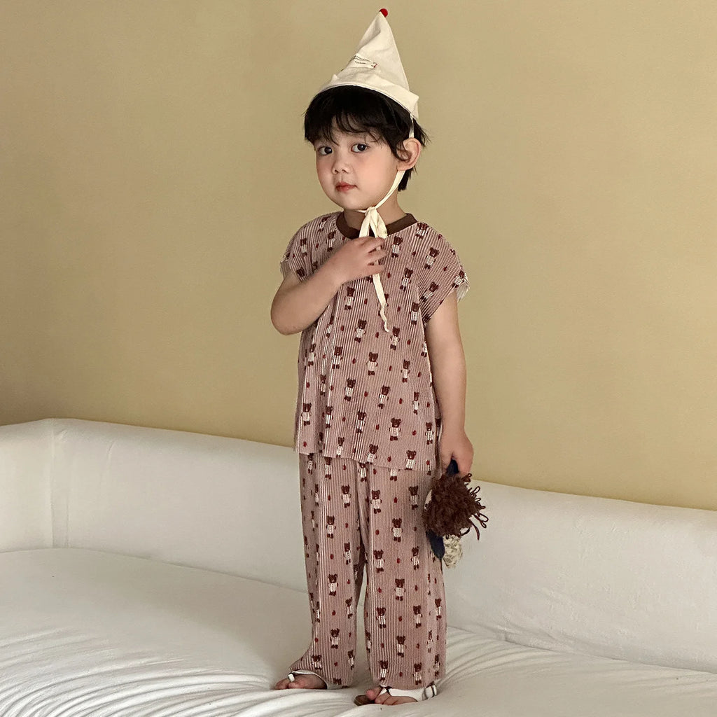 2026 New Infants Kids Matching Clothing Set Cartoon Print Pleated 2 Pieces Suit Tank Top Trousers Soft Loose Streetwear Homewear