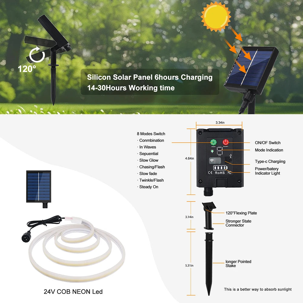 5M 10M Solar LED Neon Light Strip 24V Waterproof 8 Modes 320LEDs/m Flexible Lamp IP68 Party Garden Outdoor Decor 0.5m 1m 2m 3m