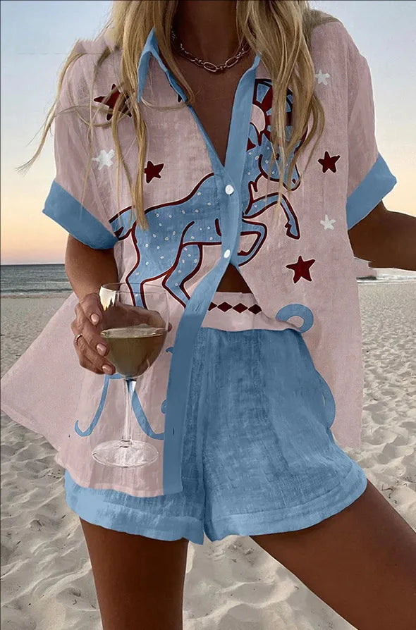 Fashion Lapel Short-sleeved Single-breasted Shirt Top + Shorts 2-piece Set Women Elegant Summer Print Loose Casual Suit Female